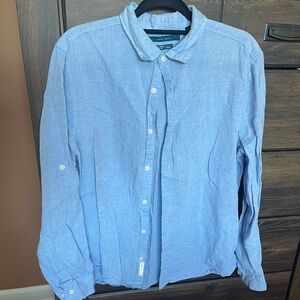 Men’s Perry Ellis linen blue button up shirt with rolled sleeves